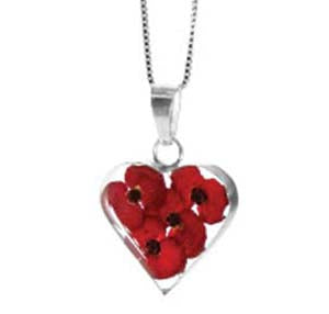Rememberance Silver Poppy Heart Pendant With 16" Sterling Silver Chain - (Pp18)Rememberance Silver Poppy Heart Pendant With 16" Sterling Silver Chain - (Pp18)