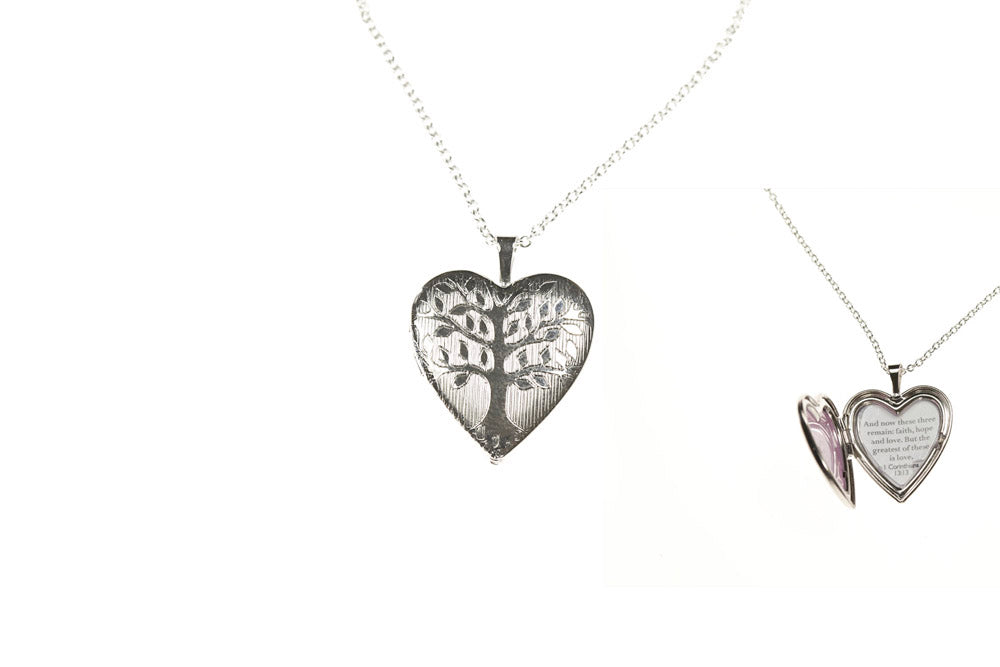Heart Locket 20Mm Rhodium-Plated With Tree Of Life Engraving + Corinthians 13:13Heart Locket 20Mm Rhodium-Plated With Tree Of Life Engraving + Corinthians 13:13