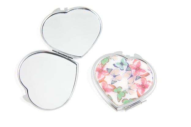 Coral Butterfly Heart Shaped Compact Mirror  6 X 6Cm.Coral Butterfly Heart Shaped Compact Mirror  6 X 6Cm.