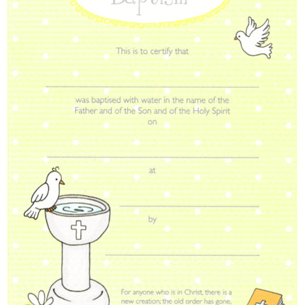 Baptism Certificate - Dove, Font & Bible - Child