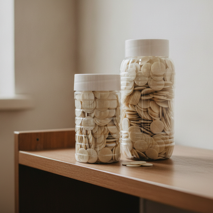 People's Wafers jars on a sacristy shelf