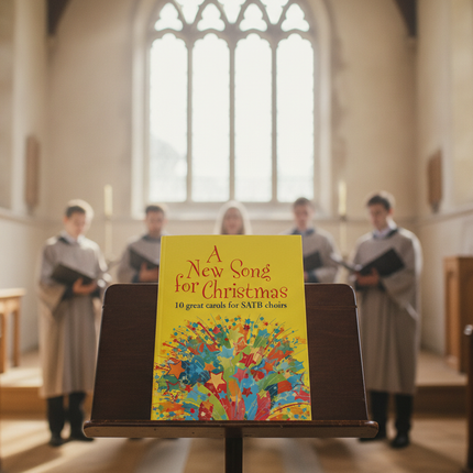 A New Song For Christmas on a music stand in a church, choir behind