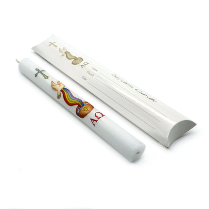 9" Watercolour Baptismal Candle - Cross, Dove & Rainbow Over Font