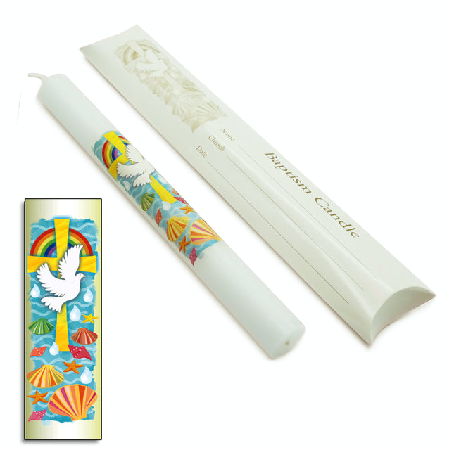 9" Watercolour Baptismal Candle - Dove Over Cross