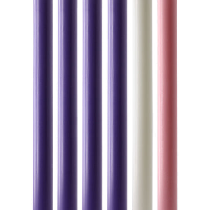 Purple, pink and white Advent candle set, 15in x 1 1/8in - 4 purple, 1 pink, 1 white