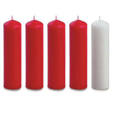 Red and white Advent candle set, 8in x 2in - 4 red, 1 white