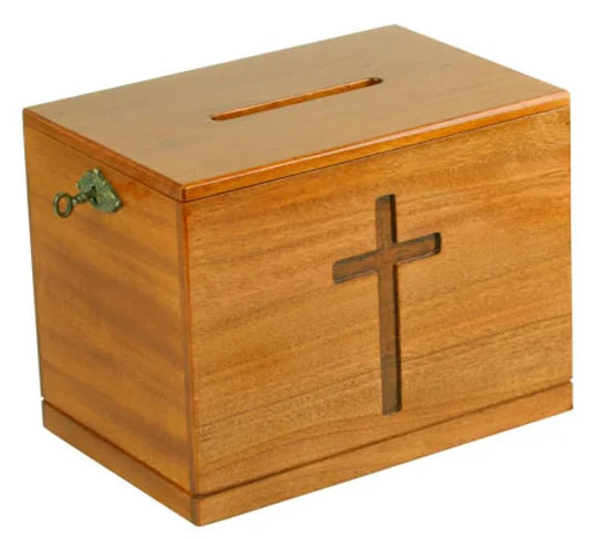 Offering Box Lockable With Carved Cross - Large