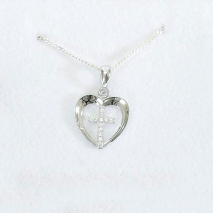 Emily Sterling Silver Floating Heart Pendant With Cubic Zirconia CrossEmily Sterling Silver Floating Heart Pendant With Cubic Zirconia Cross