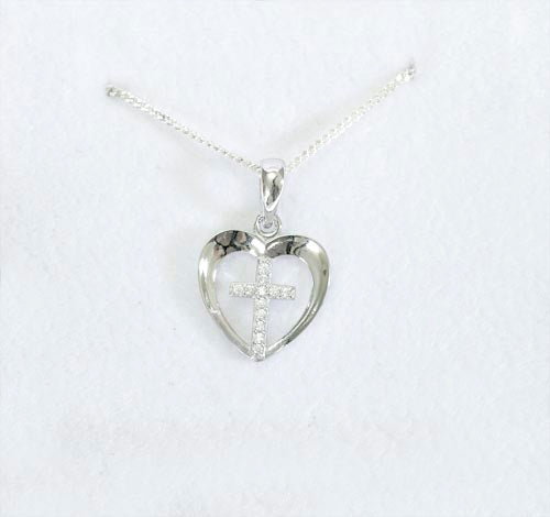 Emily Sterling Silver Floating Heart Pendant With Cubic Zirconia CrossEmily Sterling Silver Floating Heart Pendant With Cubic Zirconia Cross