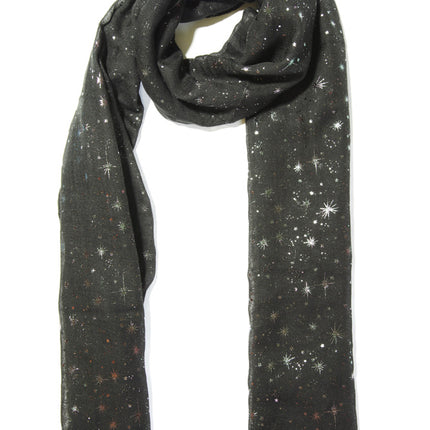 Black Scarf With  Silver Star Print  (93027) -  Approx 70 X 180 CmBlack Scarf With  Silver Star Print  (93027) -  Approx 70 X 180 Cm