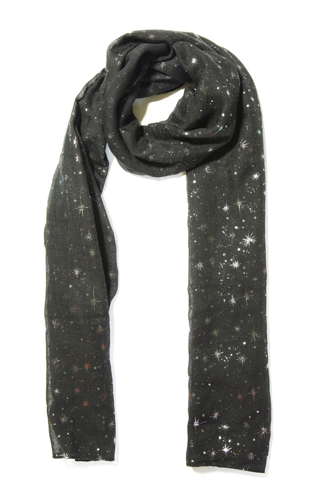 Black Scarf With  Silver Star Print  (93027) -  Approx 70 X 180 CmBlack Scarf With  Silver Star Print  (93027) -  Approx 70 X 180 Cm