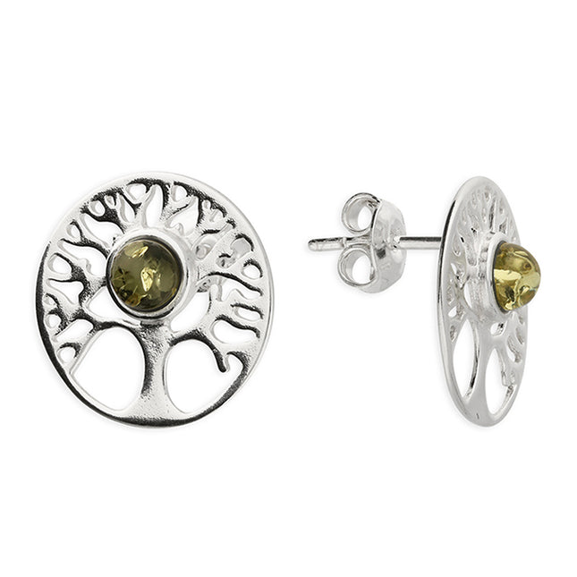 Green Amber 'Tree of Life' Stud Earrings (H3493/G)