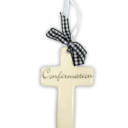 Ceramic Confirmation Cross (Mens) Black Checked RibbonCeramic Confirmation Cross (Mens) Black Checked Ribbon