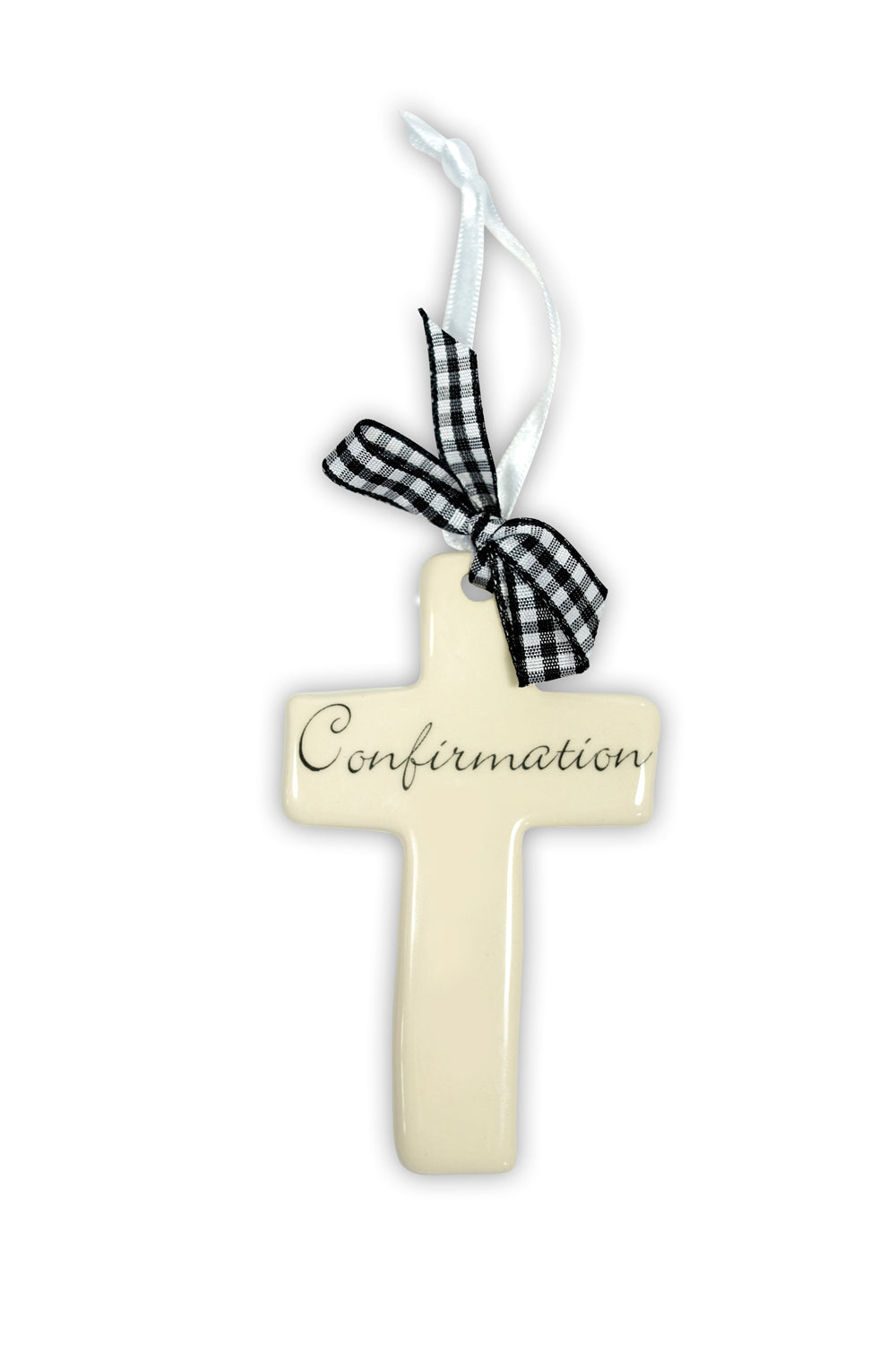 Ceramic Confirmation Cross (Mens) Black Checked RibbonCeramic Confirmation Cross (Mens) Black Checked Ribbon