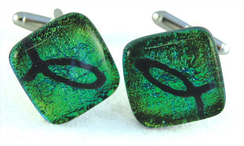 Green Stained Glass Ichthus Cufflinks * Dont Backorder *Green Stained Glass Ichthus Cufflinks * Dont Backorder *